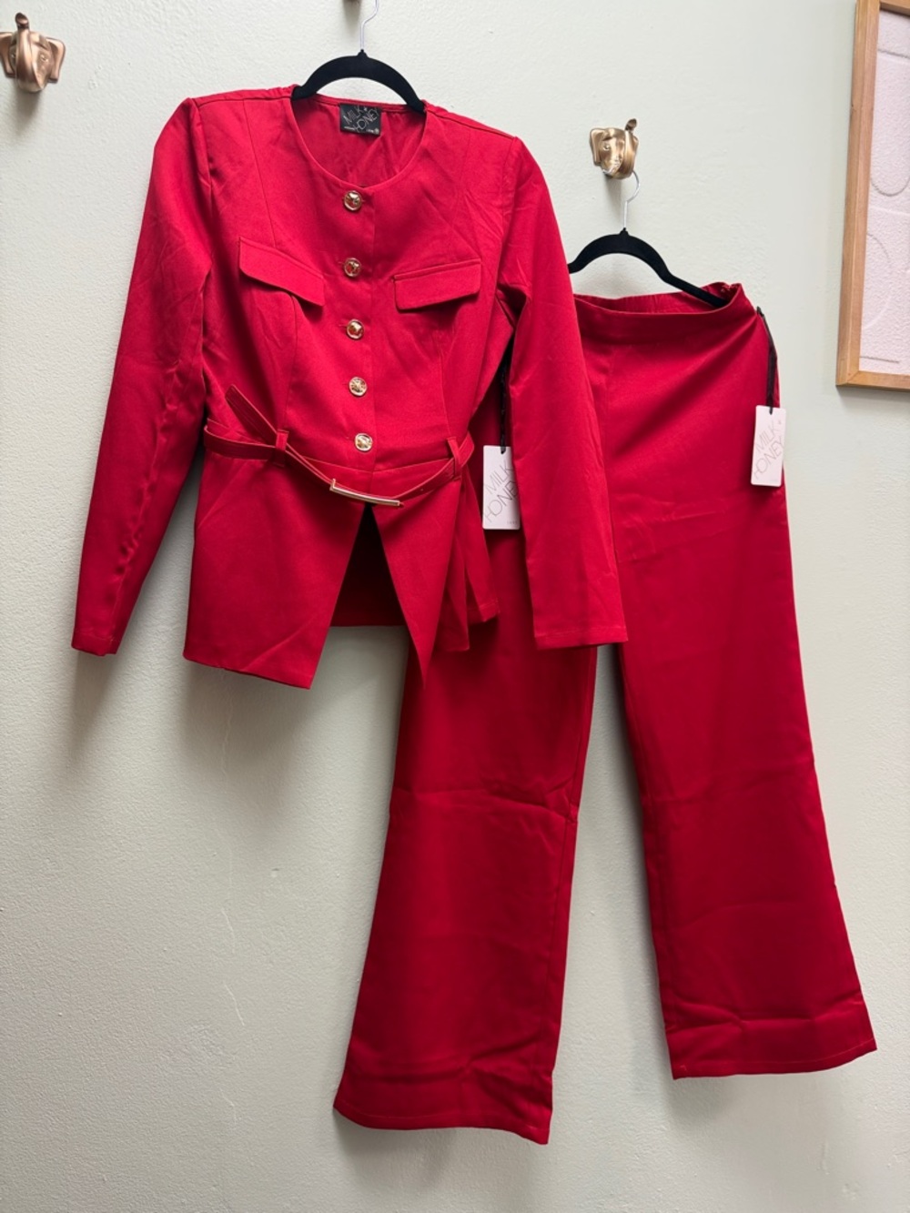 Elegant Red Women's Pantsuit with Gold Button Jacket